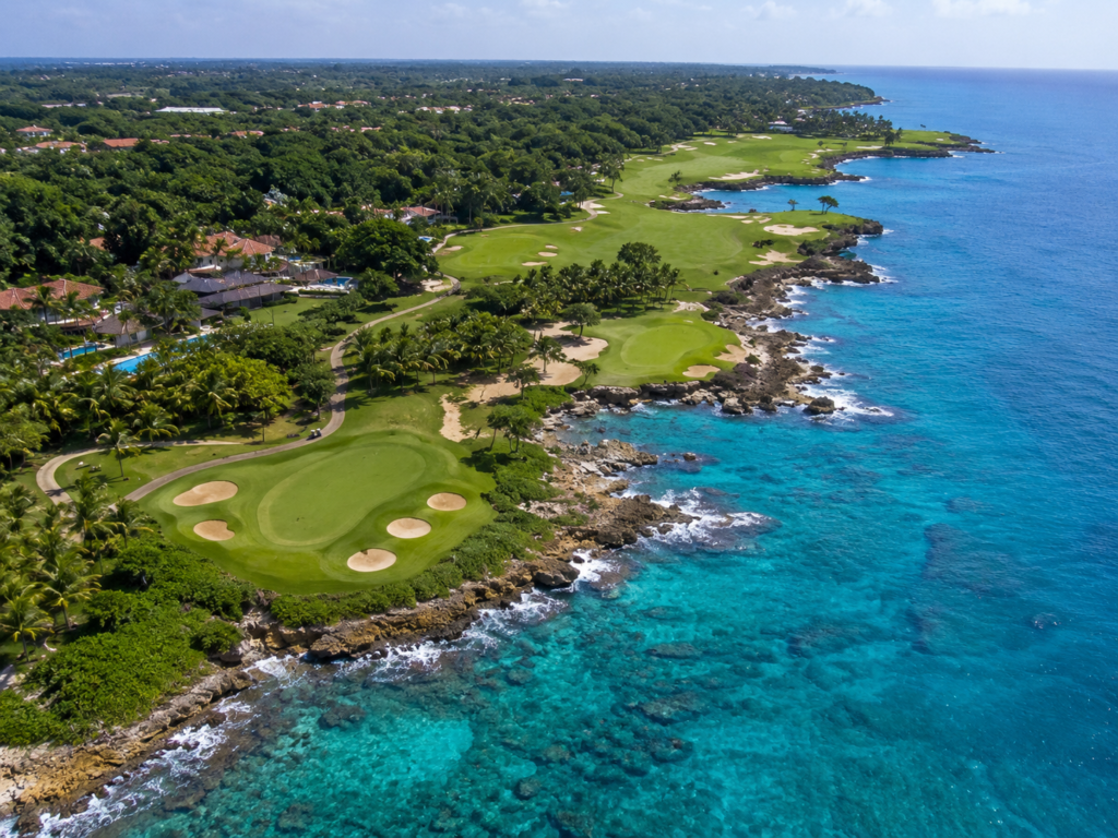 Aerial view of Teeth of the Dog golf course along the Caribbean coastline at Casa de Campo in the Dominican Republic