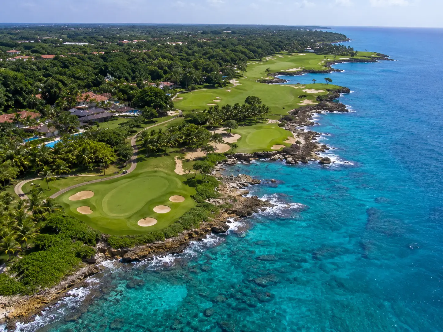 Aerial view of Teeth of the Dog golf course along the Caribbean coastline at Casa de Campo in the Dominican Republic