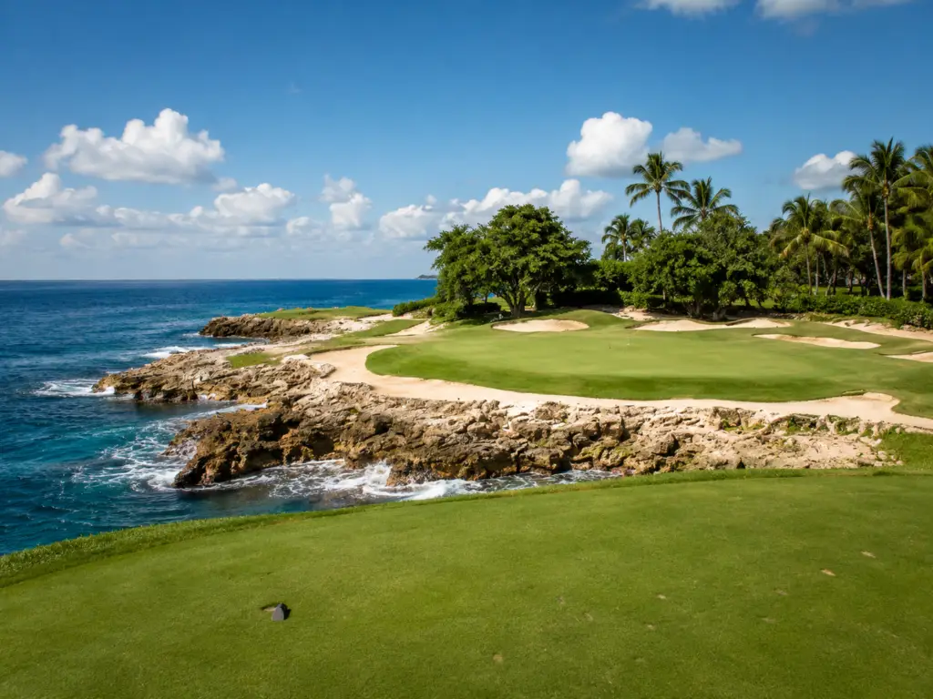 Oceanfront green at Teeth of the Dog golf course with coral rock, bunkers, palm trees, and Caribbean Sea views at Casa de Campo