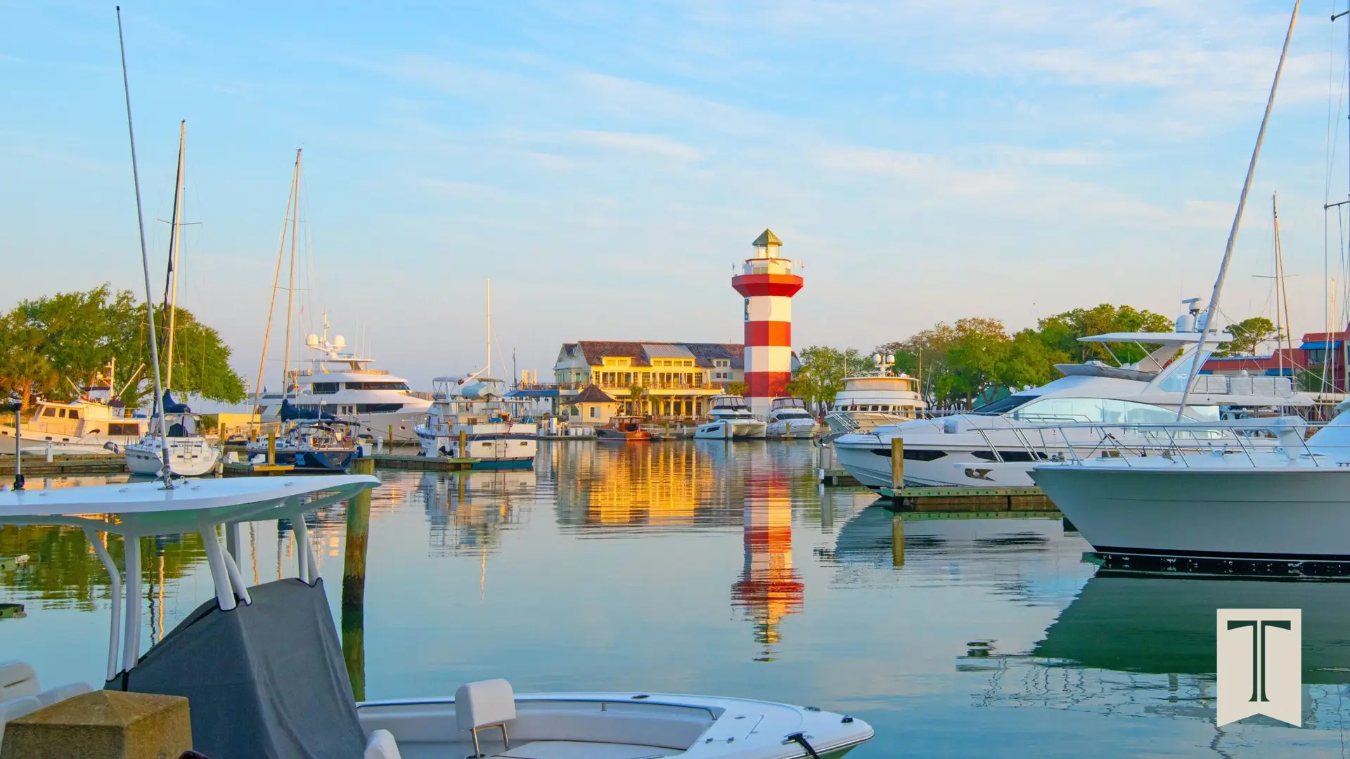 Iconic red-and-white Harbour Town Lighthouse at Harbor Town Golf Links, Hilton Head Island, South Carolina